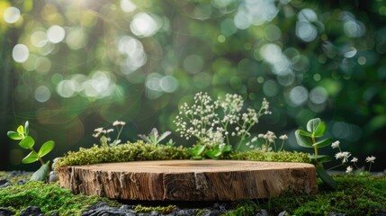 Wall Mural - Wooden platform with foliage on mossy background for showcasing eco friendly products