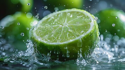 Wall Mural -   A lime halved with water splashing around and on top is a group of limes