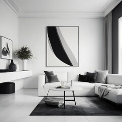 black and white interior of living room