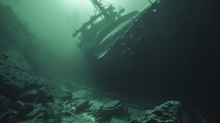 A shipwreck is shown in the water with a greenish tint