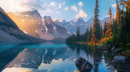 Wall Mural - A breathtaking view of a serene mountain lake surrounded by towering peaks and lush evergreen forests bathed in the warm light of the golden hour