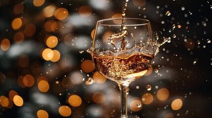 Wall Mural -   A wine glass with wine splash and lit background