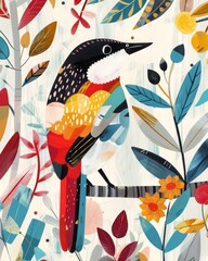 Wall Mural - Vibrant Bird Portrait with Quilted Patterns for Whimsical Designs Generative AI