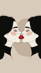 Canvas Print - Kiss of two women. They kiss passionately with red lips.