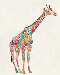 Sticker - Whimsical Giraffe Portrait with Quilted Patterns Generative AI