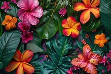 Tropical foliage with vibrant leaves, exotic flowers, bright colors, botanical art