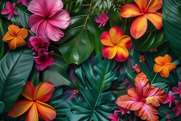 Wall Mural - Tropical foliage with vibrant leaves, exotic flowers, bright colors, botanical art