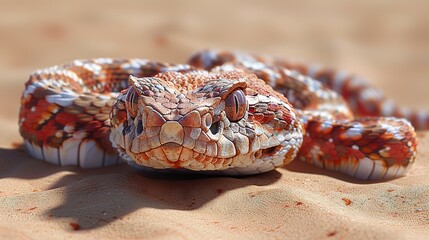 Wall Mural -   A brown and white snake rests on a sandy ground while a blue and white bird perches on its head