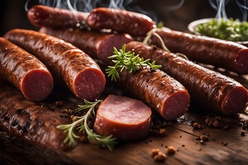 Wall Mural - traditional food smoked sausages smokehouse sausage meat smoke house dried tradition delicious diet smoky beef hanging fat prepared larder calorie epicure pork pantry cookery store domestic spicey