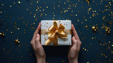Wall Mural - Pair of female hands holding a white christmas gift with a gold ribbon on a dark blue background covered with golden confetti