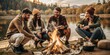 © Maestro - Friends enjoying campfire by lake in autumn, relaxing outdoor adventure