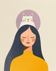 Wall Mural - Whimsical Woman with Cat Companion Generative AI