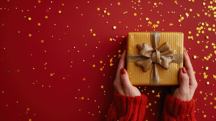 Wall Mural - woman with red nails and red sweater holding golden gift box with golden ribbon on red background wi