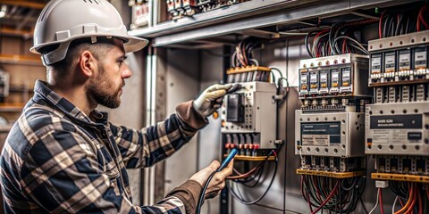 Wall Mural - Electrician inspecting and troubleshooting electrical panel in industrial setting