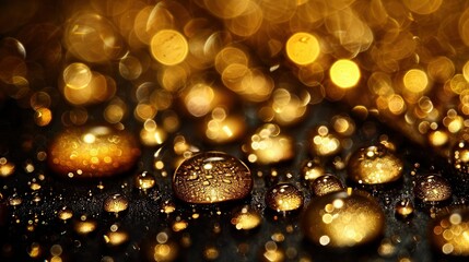Wall Mural -   A cluster of droplets glistening on a darkened background, illuminated by golden rays and a hazy backdrop of radiant light