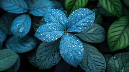 Wall Mural -   Close-up of blue flower surrounded by green leaves, water drops on petals and leaves, green background