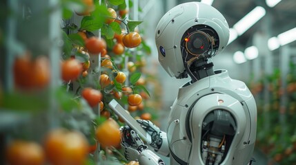 Poster - A white robot examines tomato plants in an indoor greenhouse, with rows of tomatoes growing vertically.