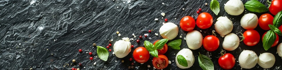Wall Mural - Mozzarella cheese, basil and cherry tomato on slate stone board, copy space. Ingredients for Caprese salad. place for text. 