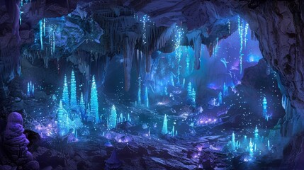 Wall Mural - Crystalline cavern illuminated by bioluminescent flora resembling precious metal veins