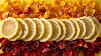 Wall Mural -   A montage of lemon slices placed atop a stack of red and yellow blooms against a yellow backdrop