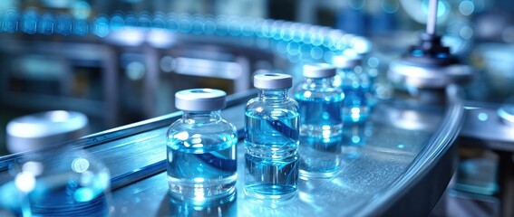 Close-up view of vials on a pharmaceutical production line