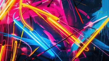 Wall Mural - A close up of a vivid array of neon lights glowing in shades of purple, pink, magenta, and violet against a dark background, resembling an organism or plant with striking visual effect lighting AIG50