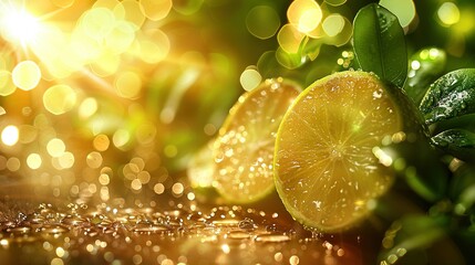 Wall Mural -   A lemon slice sits atop a table beside a lemony drop