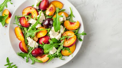 Fresh fruit salad with arugula, juicy plums, nectarines, and soft cheese on a light background, vibrant and refreshing, perfect for a summer dish