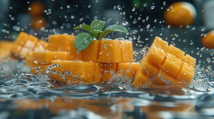 Wall Mural -   A collection of orange cubes floating in a water pool with a leaf on top