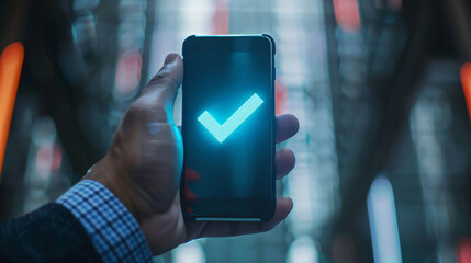 Poster - Businessman holding a phone displaying a check mark, symbolizing accomplishment in the digital age