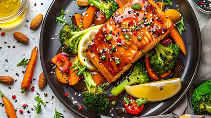 Close up overhead view of a plate showing salmon coated in honey soy glaze with fresh vegetables