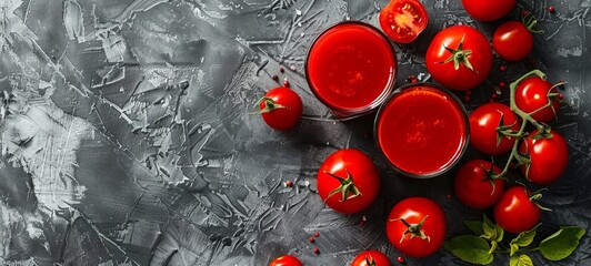 Wall Mural - Tomato juice in a glass and fresh tomatoes. organic healthy products. Detox and clean diet concept. place for text, top view. 