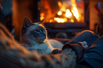 Sticker - A Burmese cat and a man enjoying a quiet evening by a crackling fireplace.