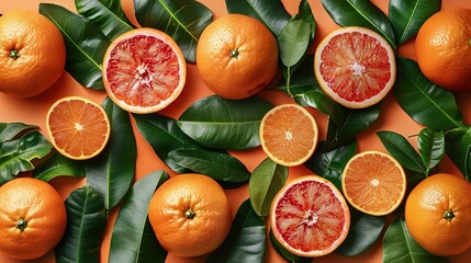 Poster -   Grapefruits halved with leaves surrounding them on an orange background with green foliage