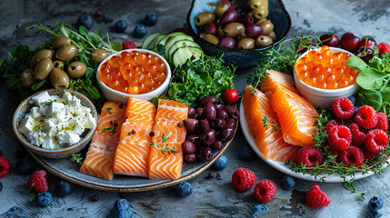 Wall Mural -   A plate of salmon, berries, avocado, and other vegetables on a table