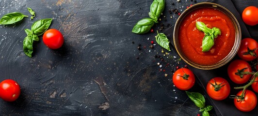 Wall Mural - Tomato puree soup with basil on a dark background. Clean eating, diet, vegan food concept. view from above.