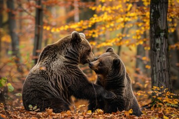 A grizzly bear mother and her playful cubs in a forest setting