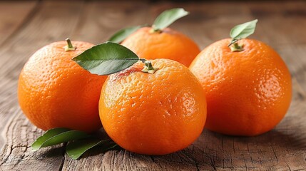 Poster -   A trio of oranges perched on a wooden table near a lush green branch