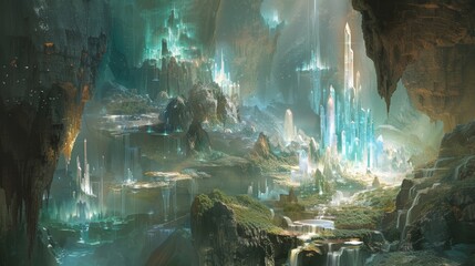 Wall Mural - Crystal formations and waterfalls in a fantastical landscape with soft glow