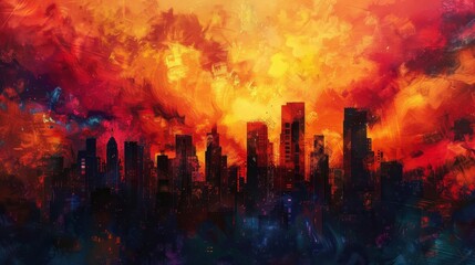 Wall Mural - Skyscrapers silhouetted against a fiery dusk sky in abstract cityscape