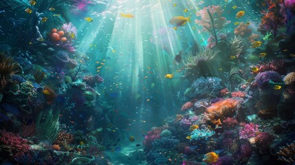 Wall Mural - Colorful coral reefs and swirling fish in a surreal underwater scene