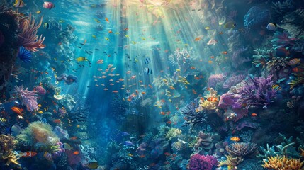Surreal underwater world with exotic marine life and colorful coral reefs