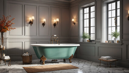 Poster - An elegant bathroom with clawfoot tub and vintage faucets, blending luxury with traditional charm, Generative AI