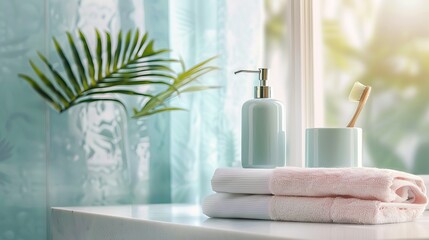 Wall Mural - A spa towel and soap dispenser are placed inside a pastel bathroom window.