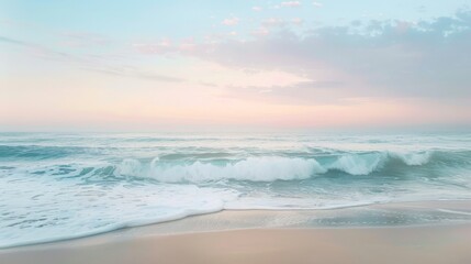 Serene seascape with gentle waves and pastel sky captured in soft focus