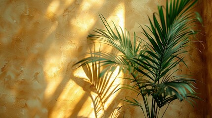 Wall Mural -   A palmed shadow sits adjacent to a wall-mounted potted plant