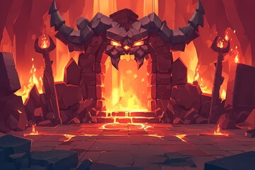 Wall Mural - Burning entrance to scary dungeon ruins with monsters. Mysterious temple gate. Fantasy landscape.  Cartoon illustration for game background, poster, banner, card