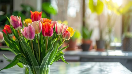 Aufkleber - A bouquet of colorful tulips in a glass vase sits on a table in a sunny room. The tulips are in various shades of pink, red, yellow, and white.