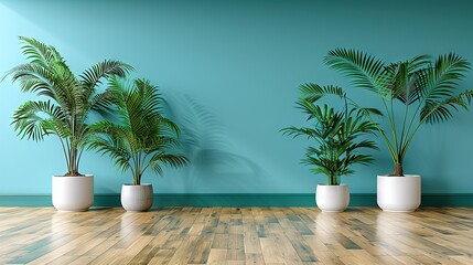 Wall Mural -   Three potted plants on a wooden floor near a blue-painted wall