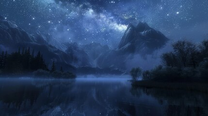 Hauntingly beautiful mist-shrouded mountains above tranquil lake at night